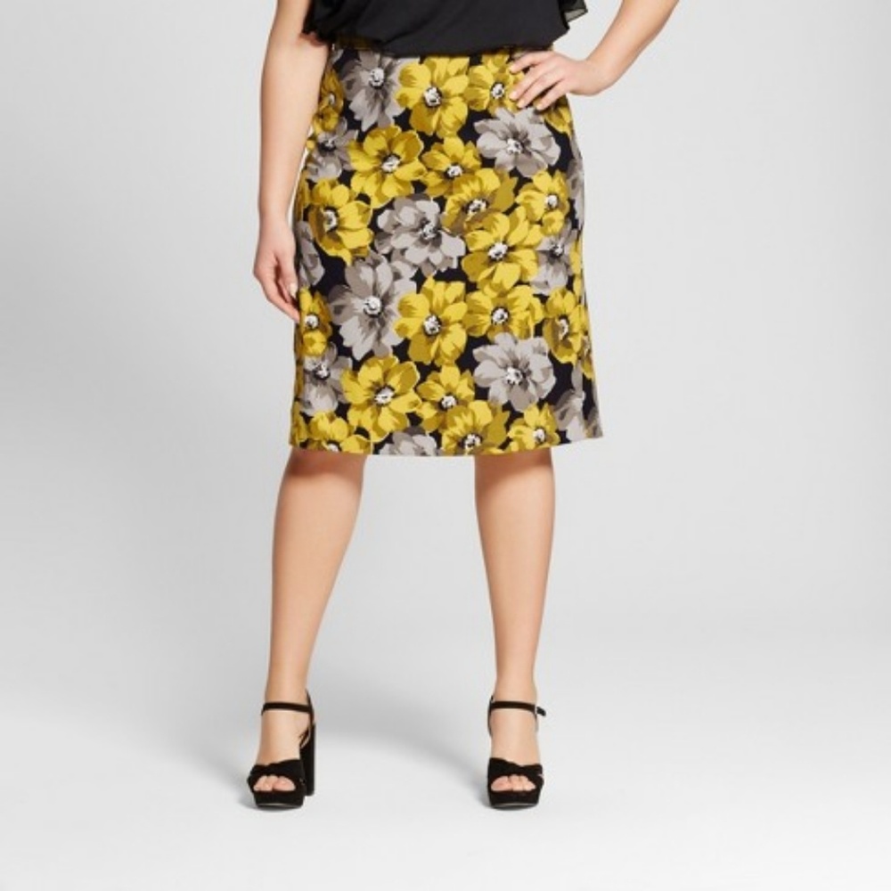Black, yellow & gray Floral Midi Pencil Skirt
